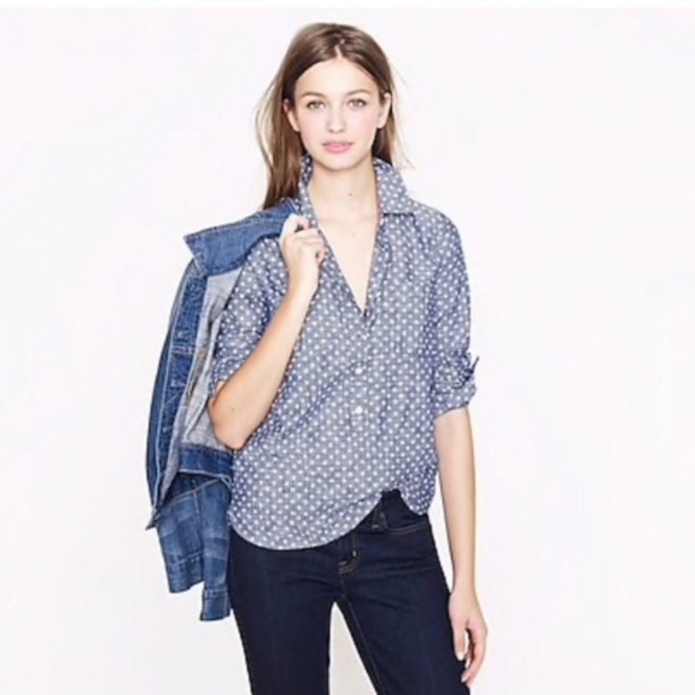 J. Crew Cotton Chambray Circle Print Popover Henley Chest Pocket Top